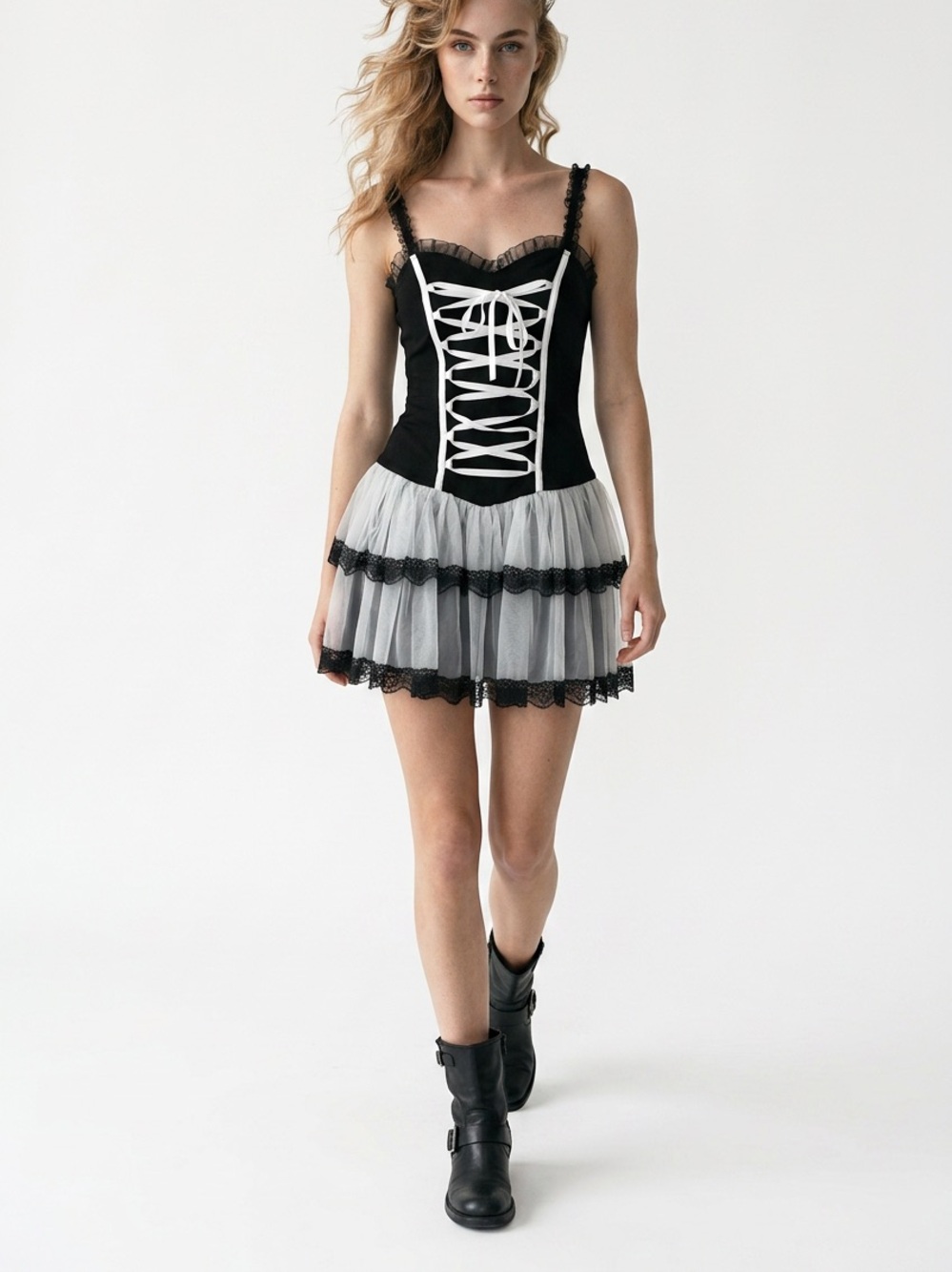WIDOW • Dollskill Black White Corset Lace Tulle Mini Dress Size Small